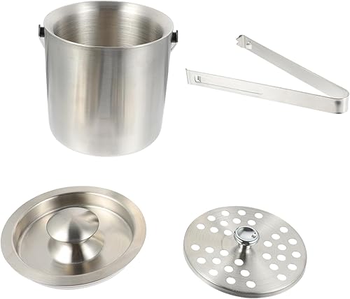 Miniatura 3 de Hemoton Cubo de hielo de acero inoxidable con pinzas de tapa y colador, barril de hielo de doble pared de 1.3 L, cubo de hielo aislado, soporte para