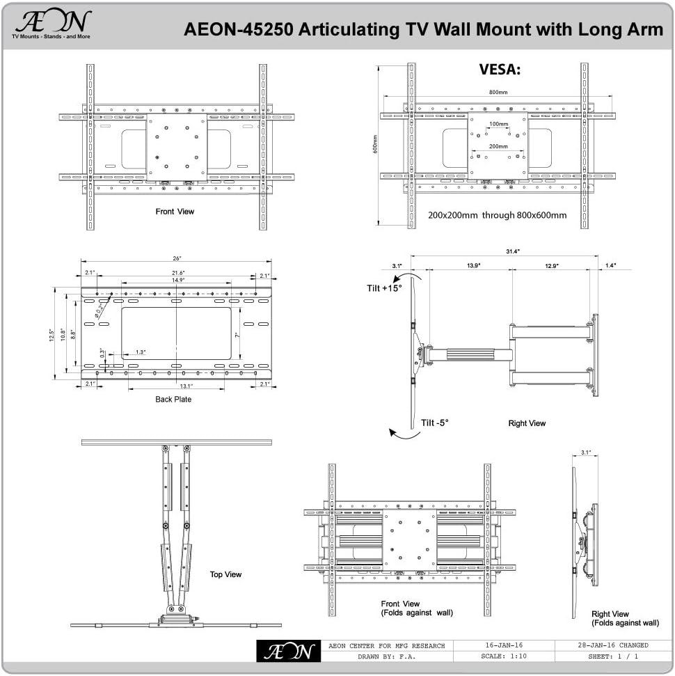 Onе-Dау Sаlе: Uр tо 40% оƒƒ Full Motion TV Wall Mount with 28 inch Extension, Fits 37 to 70 Inch TVs, Installs on 24 or 16 Inch Studs (Aeon 45250 - 42-80 Inch TVs)