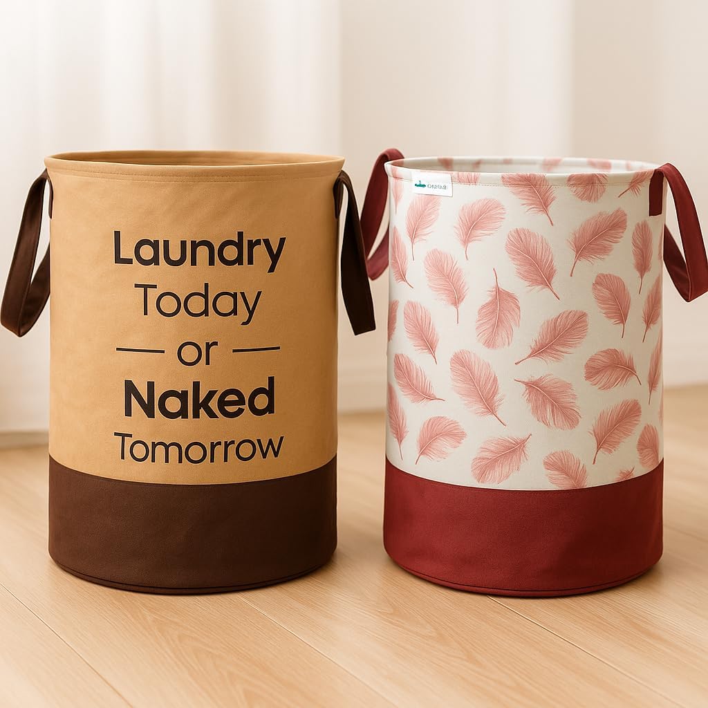 Laundry Bag 45 L Durable and Collapsible Laundry storage Bag with Handles Clothes & Toys Storage Foldable Laundry Bag for Dirty Clothes Pack of 2 Pc (1 Beige & 1 Leaf Design Maroon)