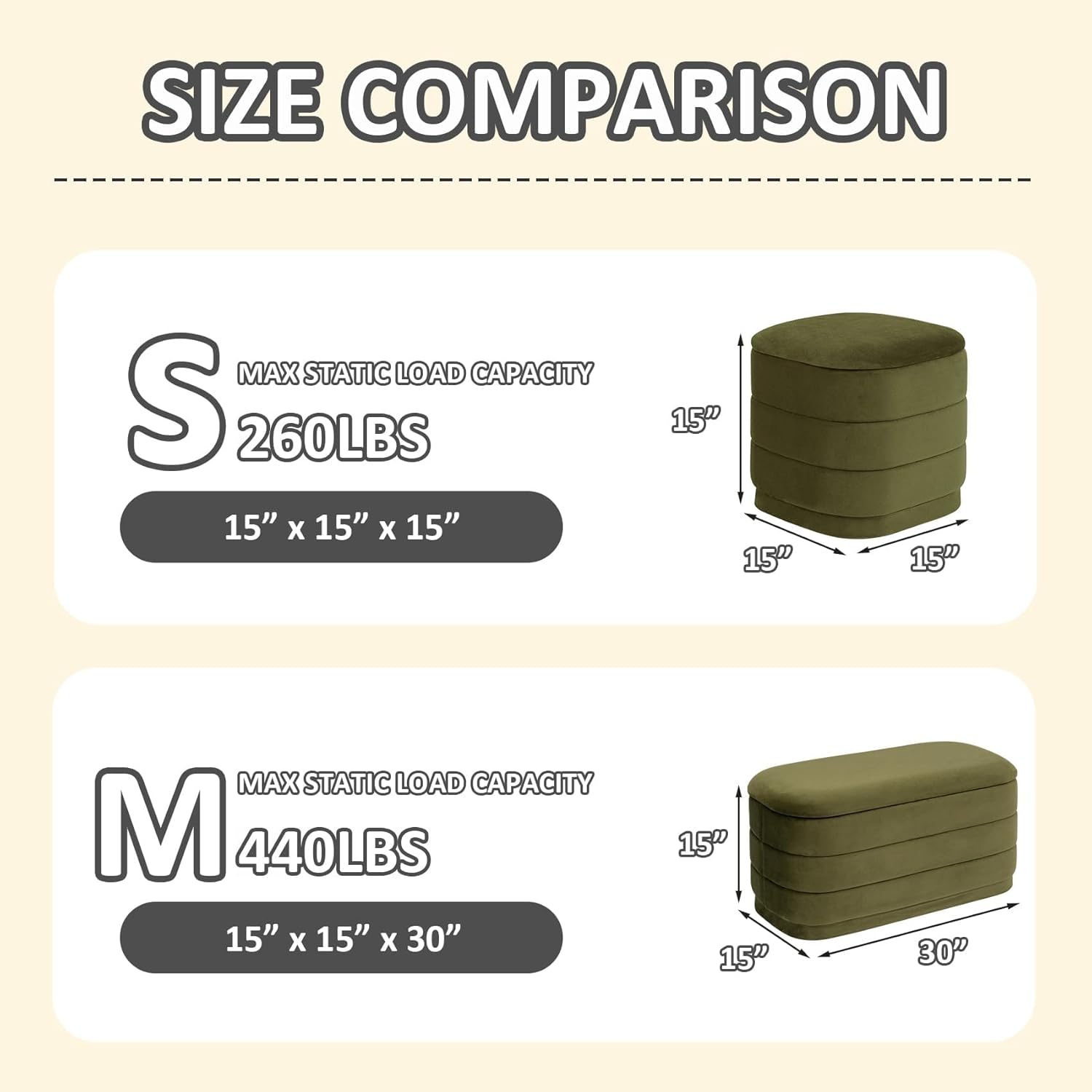 PINPLUS Ottoman with Stroage Square Velvet Ottoman and Tray Removable Foot Rest Coffee Table for Dorm, Living Room,Olive Green 15" D x 15" W x 15" H