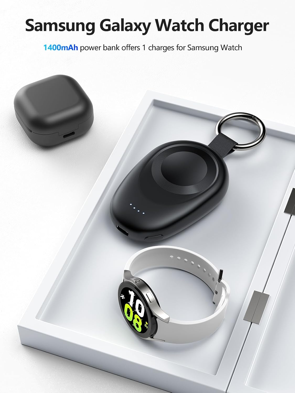 GagaKing Portable Charger for Samsung Galaxy Watch 8/8 Classic/7/Ultra/6/6 Classic/5 Pro/4/3, Active2/1, 1400mAh Fast Charging Portable Wireless Power Bank, Magnetic Travel Car Keychain Charger - Image 4