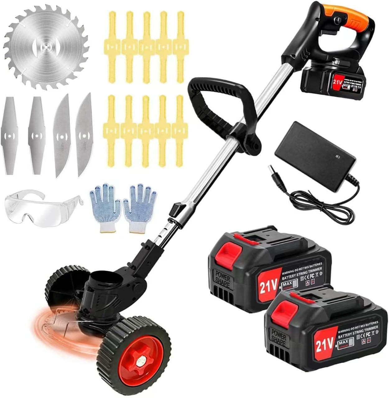 Electric Weed Wacker 21V Electric Weed Cordless Eater with 2pcs Batteries and 3 Types Blades&Auxiliary Wheel Weed Trimmer Lightweight 3 in 1 Stringless Grass Trimmer Edger/Brush Cutter for Lawn