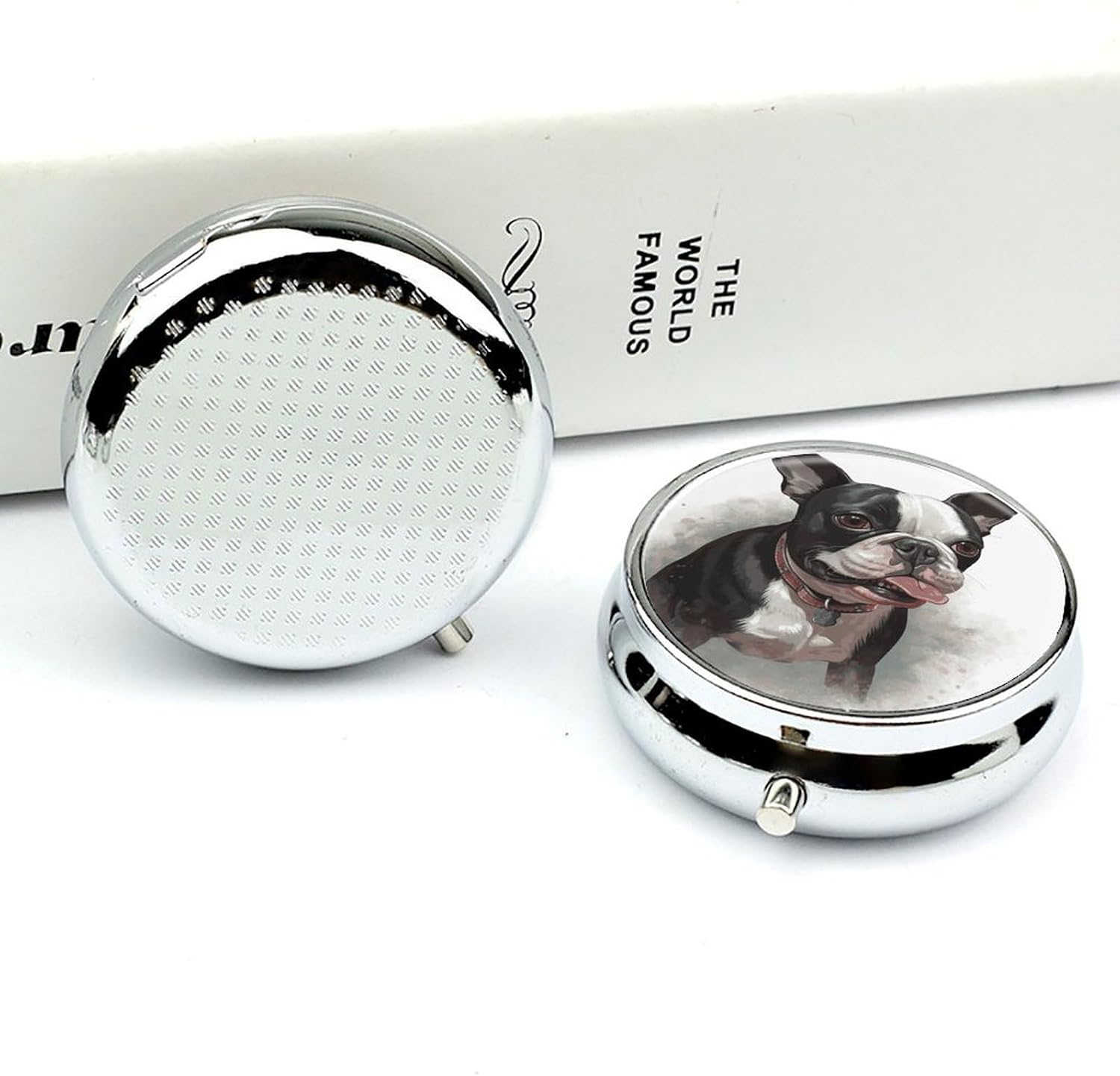 Round Daily Boston Terrier Pill Case with 3 Compartment & Mirror image 5