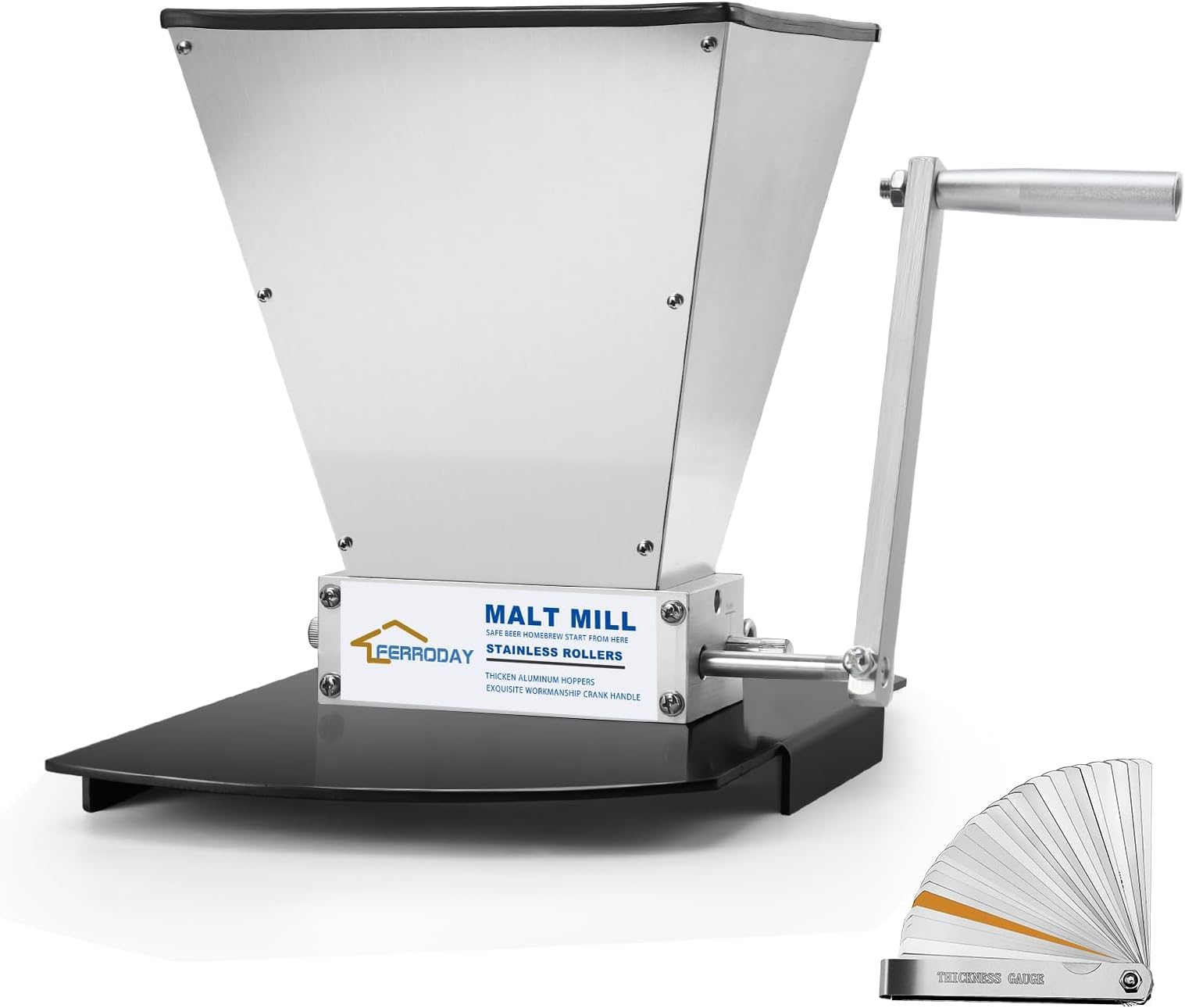 FERRODAY Malt Mill 2 Roller Stainless Steel Malt Crusher Heavy Duty Homebrew Grain Crusher Adjustable Barley Grinder Low Speed Drill Available Manual Brew Mill