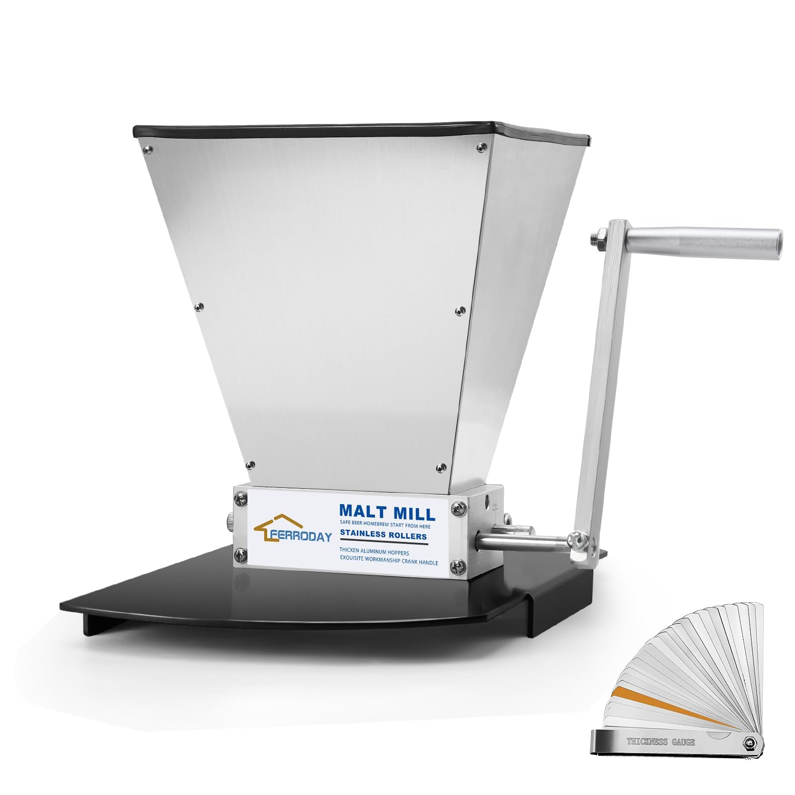FERRODAY Malt Mill, Malt Grain Mill, 2 Rollers, Stainless Steel Malt Crusher, Heavy Duty Malt Mill, Home Grain Crusher, Adjustable Barley Grinder, Slow Drill, Manual Malt Mill Brew Mill