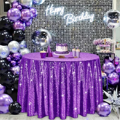 Image of B-COOL Sequin Tablecloth Round Party Decorations: Purple Table Cloth Overlay 90 Inch Sparkle Fabric for Birthday Beach Parties Halloween