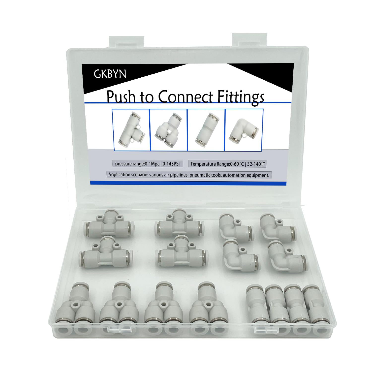 5/16 Inch OD Push to Connect Fittings Air Line Pneumatic Fitting Kit 32 Pieces Air Quick Disconnect Tube Truck Fittings 8Spliters+8Elbows+8Tee+8Straight (5/16"OD，White)