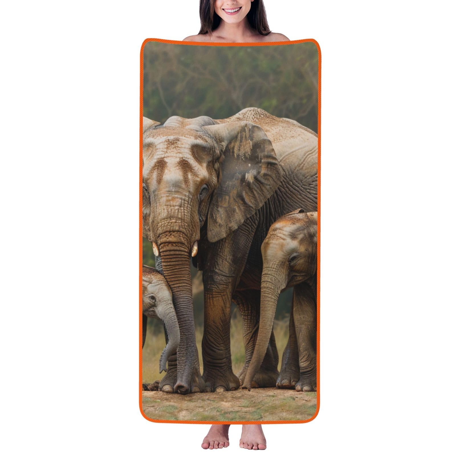 WPKJU Elephant Family Printed Bath Towel with Orange Edging - 27x55 in Soft Extra Absorbent Coral Velvet Shower Towels for Bathroom
