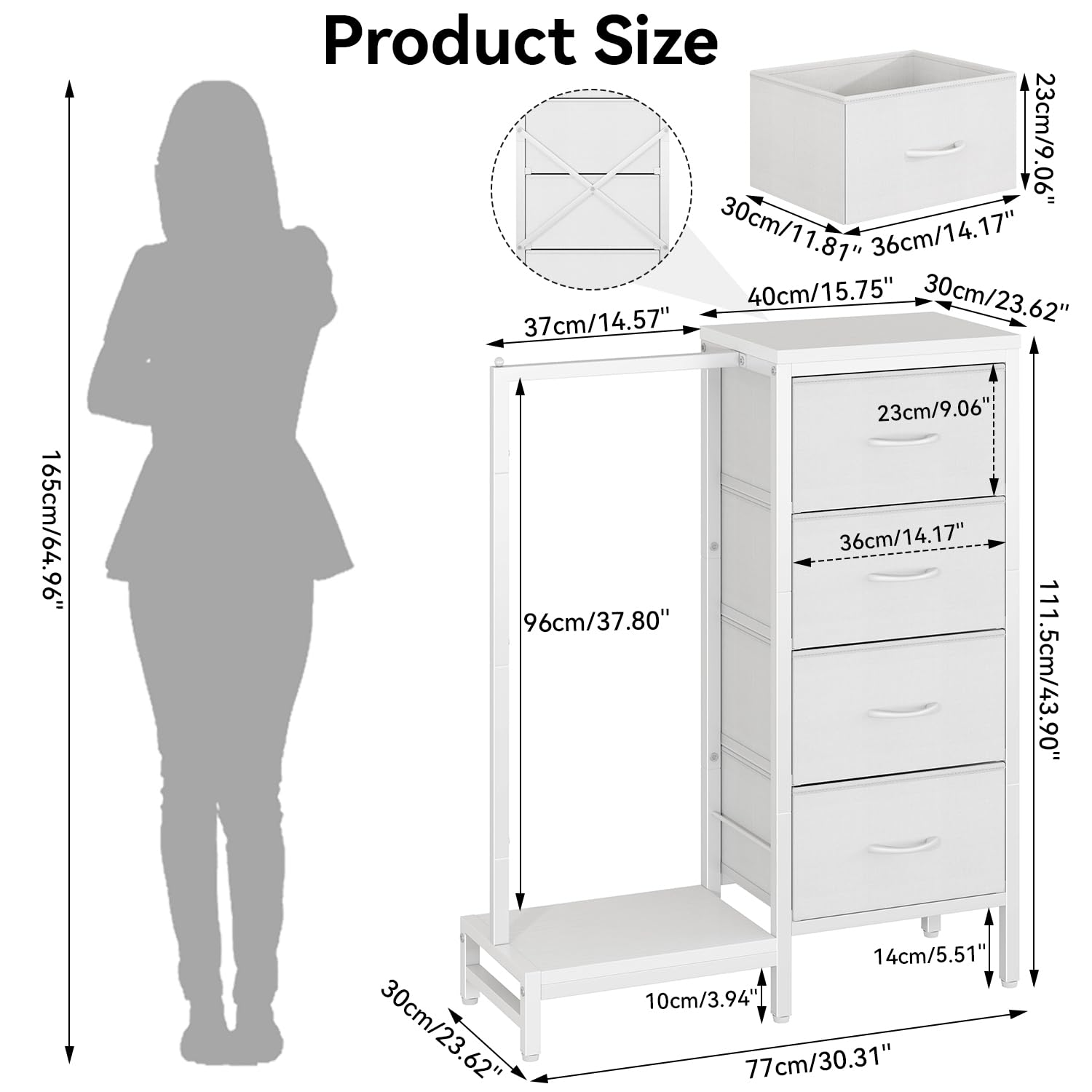 YMYNY Porte-Manteau Commode Blanche avec 4 Tiroirs en Tissu HGR006W