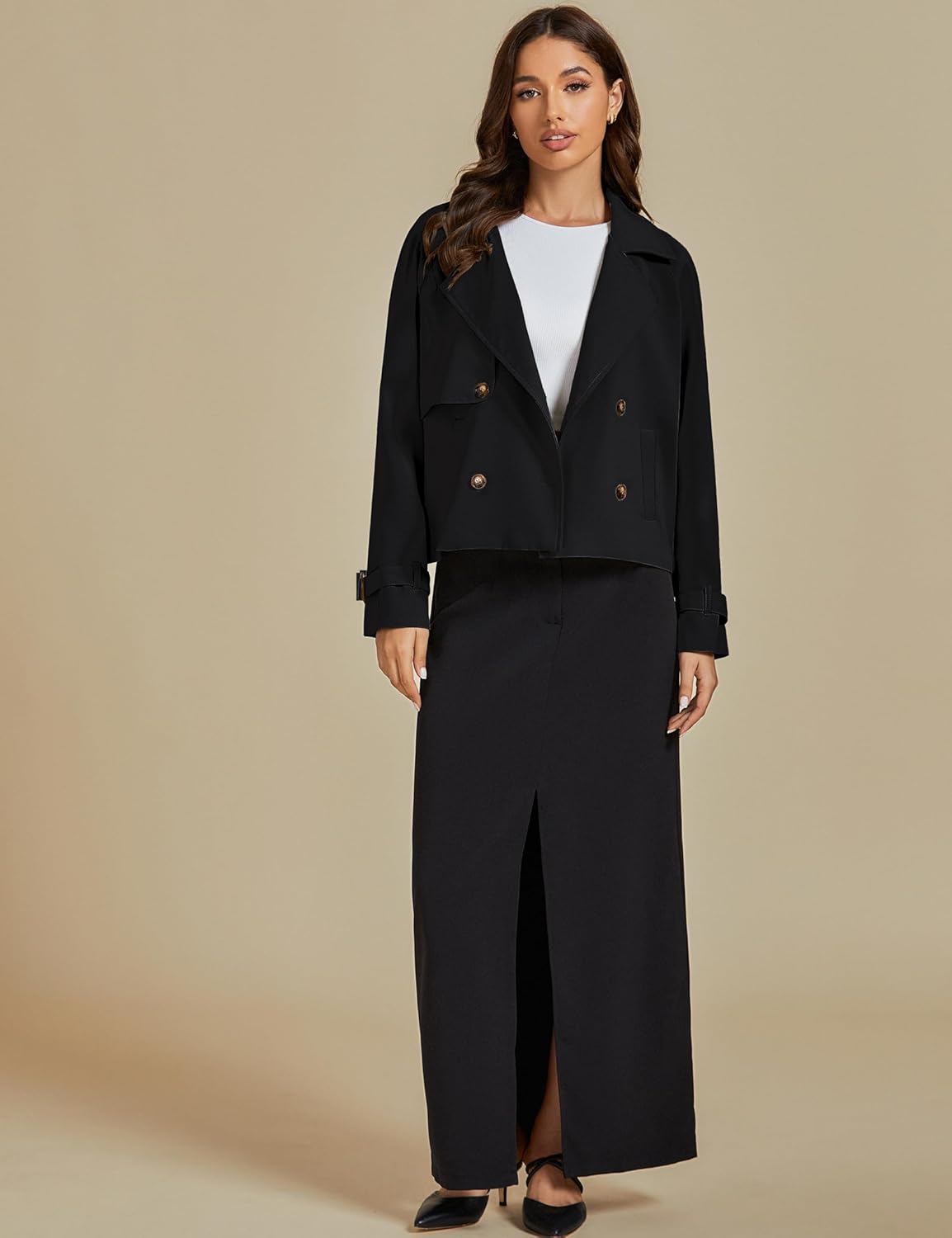 luvamia Cropped Trench Coat for Women Long Sleeve Double Breasted Notched Lapel Casual Loose Fit Jackets with Pockets - Image 7