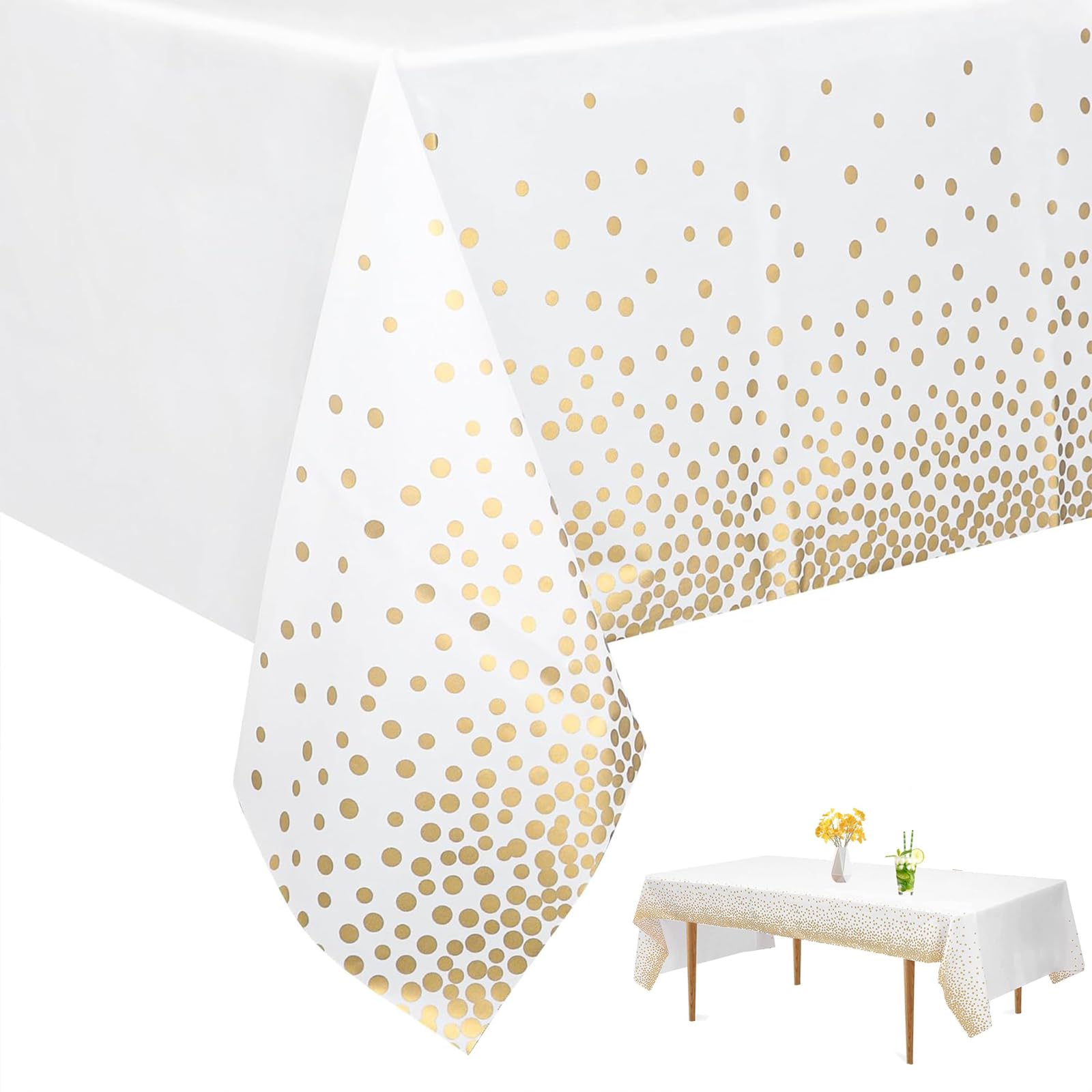 ShunshiShunshi 2 Pack Plastic Tablecloths 137x274cm, Disposable Checkered Rectangle Tablecloth, Waterproof and Spillproof Party Table Covers Wipe Clean for Party Supplies(White Gold Dot)