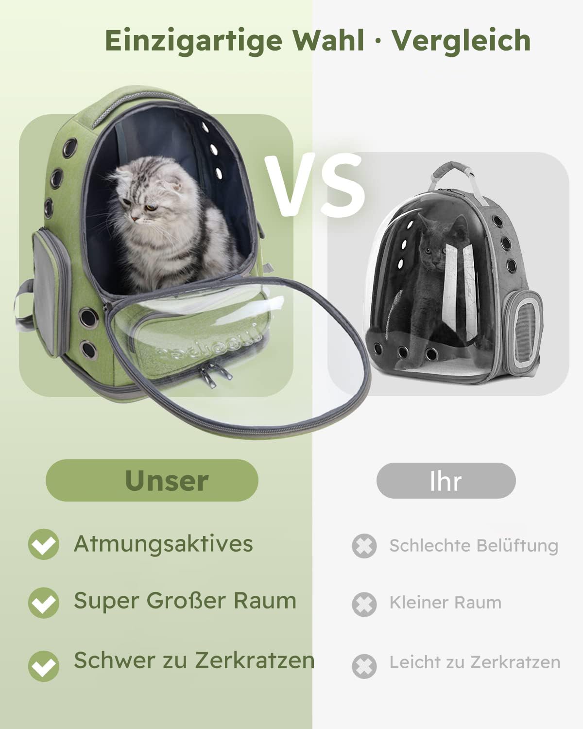 PETCUTE Katzenrucksack mit Fenster,Tragbar Raumkapsel Haustier Rucksack Belüften mit Herausnehmbarer Matte,Hunde Reise Rucksack Träger mit Sicherheitsleine,für Auto Wandern,Armeegrün