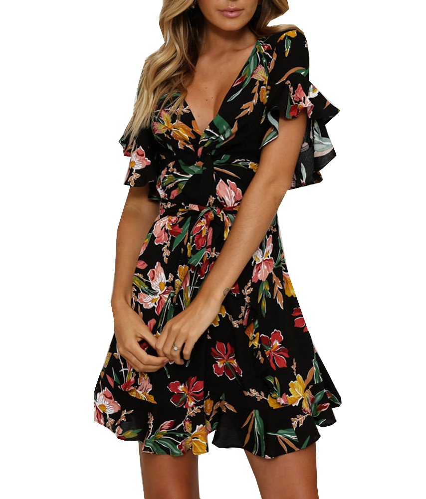 Women Short Sleeve Boho Floral Printed Sexy V Neck Party Wrap Skater Mini Women Dress