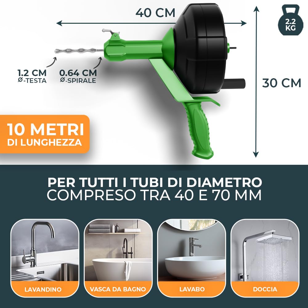 Meisterfaktur Sonda Sturatubi per Pulizia [10,5 m] - Funzione Automatica - Molla Stura Tubi Ideale con Alimentazione Automatica - Sonda Idraulica Stura Lavandini e Scarichi per Amanti del Fai da Te!