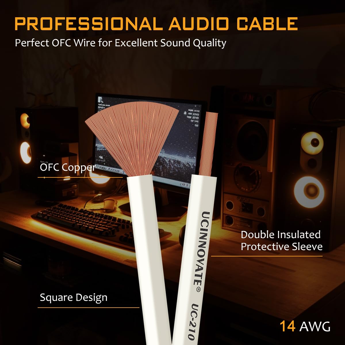 Confezione da 2 cavi per altoparlanti OFC da 14 AWG con spine a banana pin, HiFi artigianali da 1,5 m, bianco quadrato con connettori a banana placcati oro, cavo per altoparlanti per Hi-Fi e sistemi