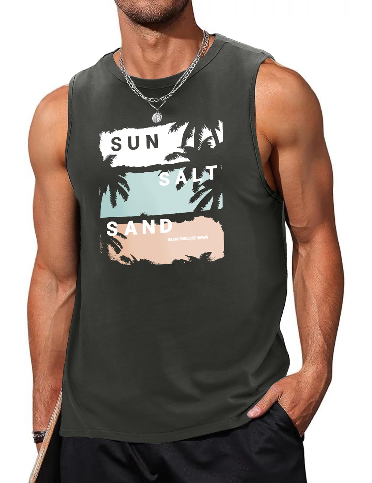 Lonya Tank Top Herren Baumwolle Printed Ärmellos Achselshirt Sport Muskelshirt Sommer Fitness Gym Unterhemd Palmblatt Gedruckt Briefdruck Hawaii Strand Urlaub Lockeres Tee Tops