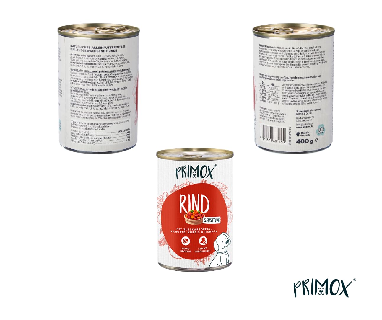 PRIMOX Hundefutter nass MENÜ Rind, 24x 400 g - Vollwertiges Nassfutter mit Fleisch & Gemüse - Monoprotein-Quelle ohne Getreide & Zucker - Mit Tierärzten entwickelt