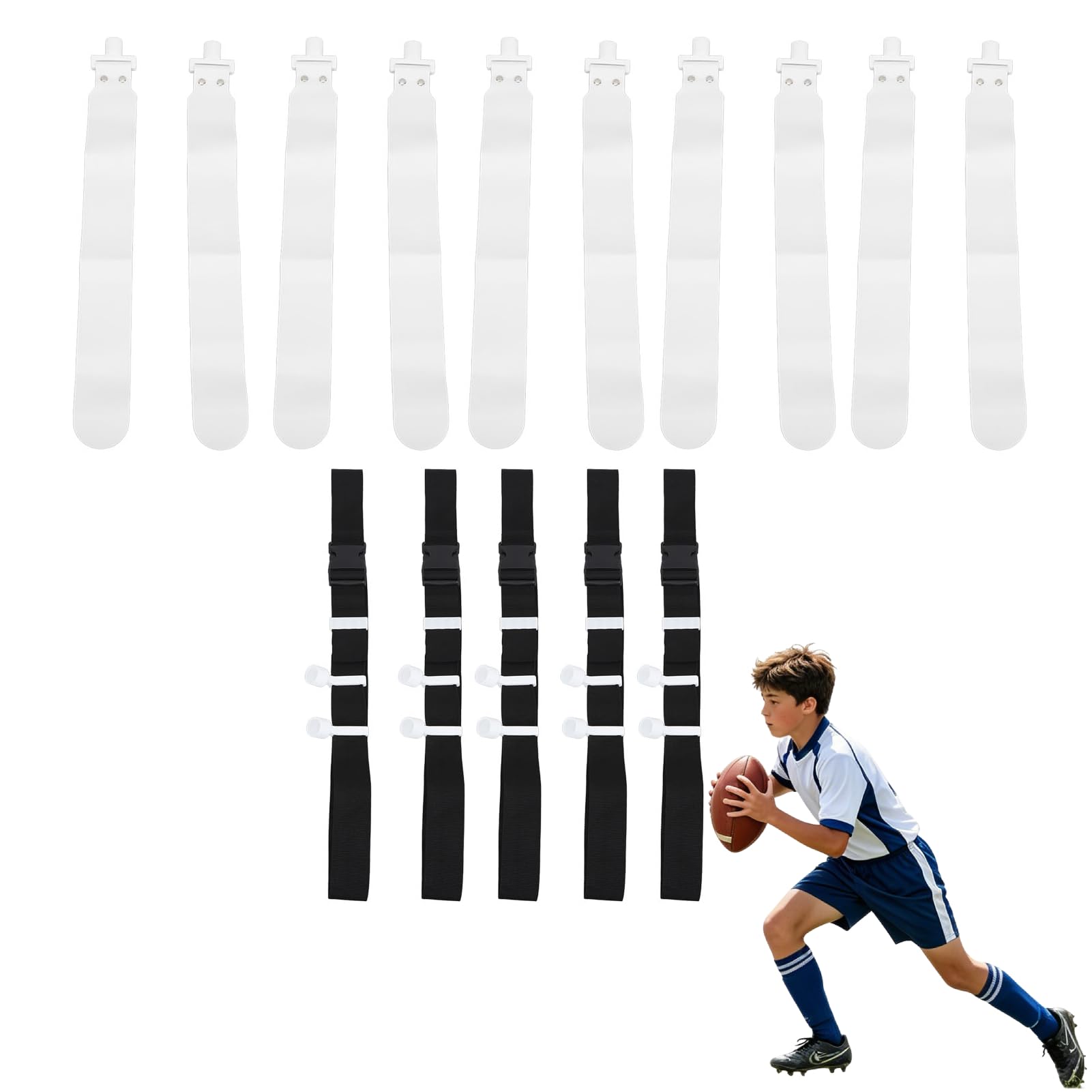HERCHR 5 Sets Adjustable Flag Football Belts, Each Flag Football Belt with Adjustable D Ring and 2 Flags, Universal Football Belts Race Sports Gaming Waist Flag for Youth & Adults (White)