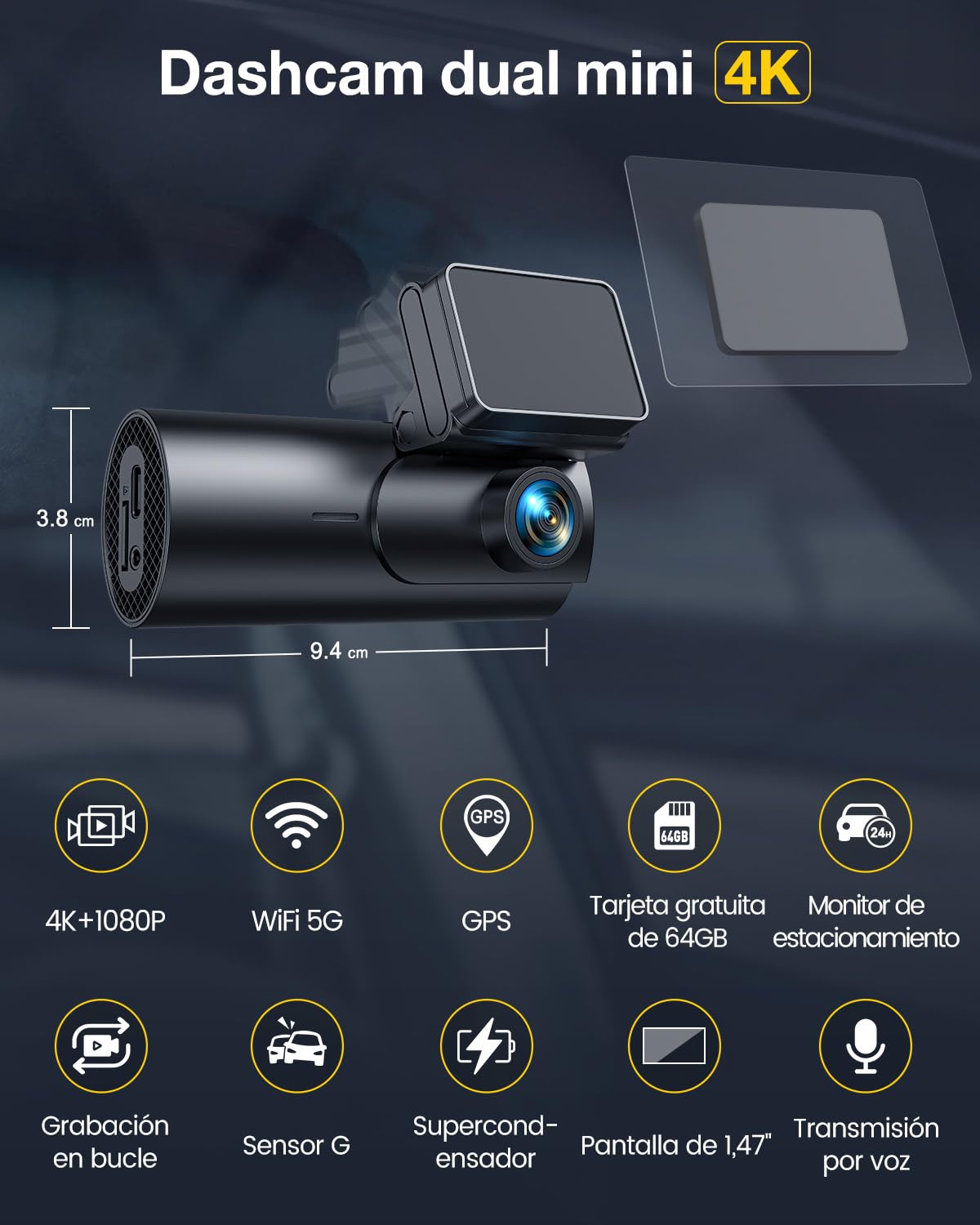 GKU Dashcam Cámara Coche 4K+1080P, 5GHz WiFi &GPS, 1.5'' IPS Dash CAM Coche con Tarjeta SD de 64GB,Camara Coche Grabadora,170° Gran Angular,Visión Nocturn,WDR,Sensor G,Monitor de Aparcamiento