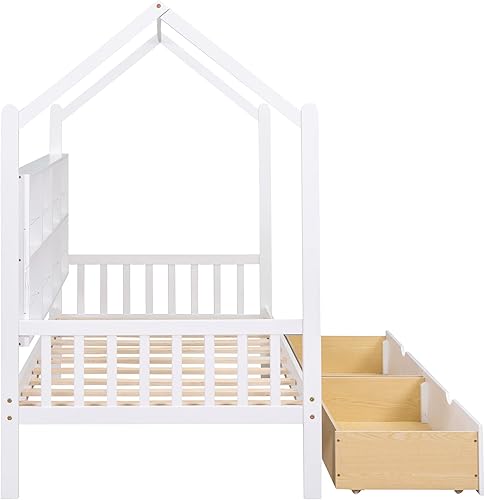 Miniatura 9 de SOFTSEA Cama de casa de tamaño individual con nido y estantes de almacenamiento cama de casa de madera con estantería y techo para niños marco de