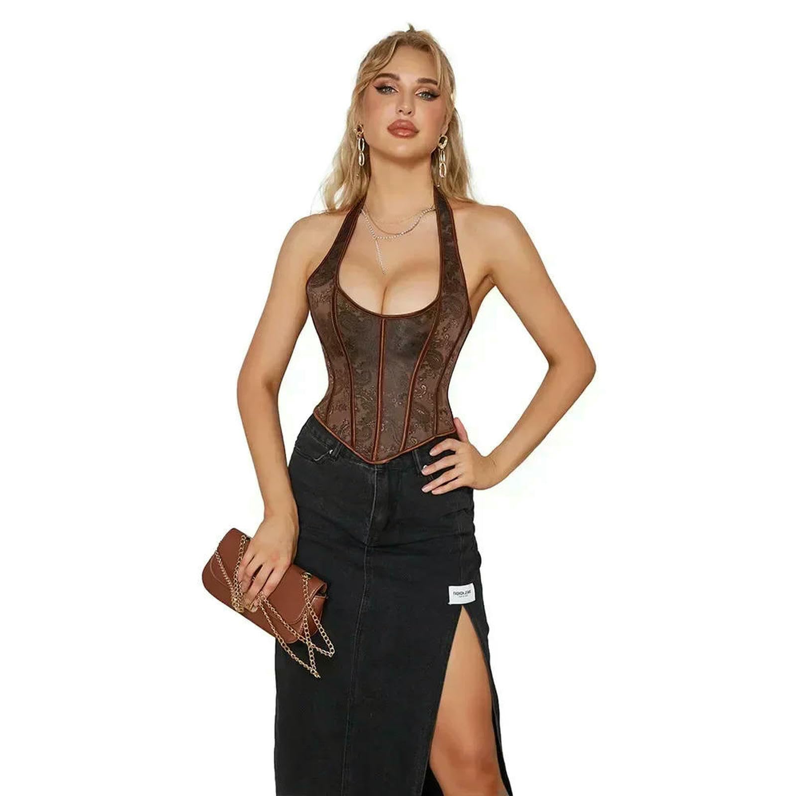 Ceinture amincissante Femme Corsetto Sexy con Cinturino Top Bustier Plus Size Donna Ricamo Fiore Overbust Corto Torso Lingerie-marrone-2xl