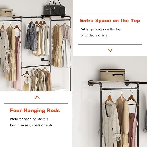 Miniatura 5 de KaKaBB Perchero industrial de tubería, perchero de pared para colgar ropa, perchero de esquina ajustable con estantes, sistema de armario para