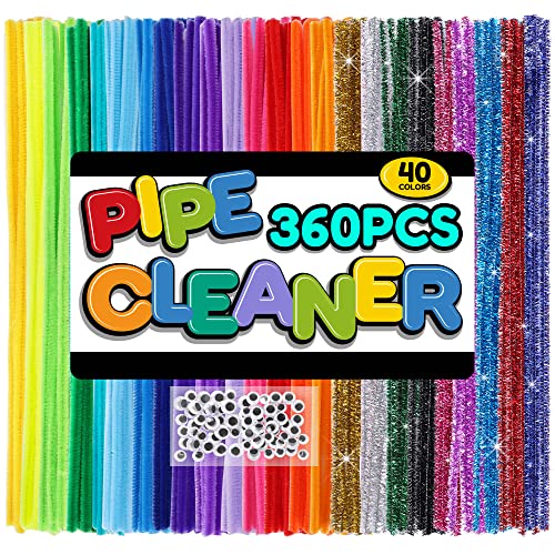 Pllieay [460 Pcs] 360pcs Pipe Cleaners Chenille Stems-40 Assorted Color- with 100 Pieces Wiggle Eyes for Kids Art & Craft Projects DIY Creative Crafting Christmas Decoration(6 mm x 12 Inch)