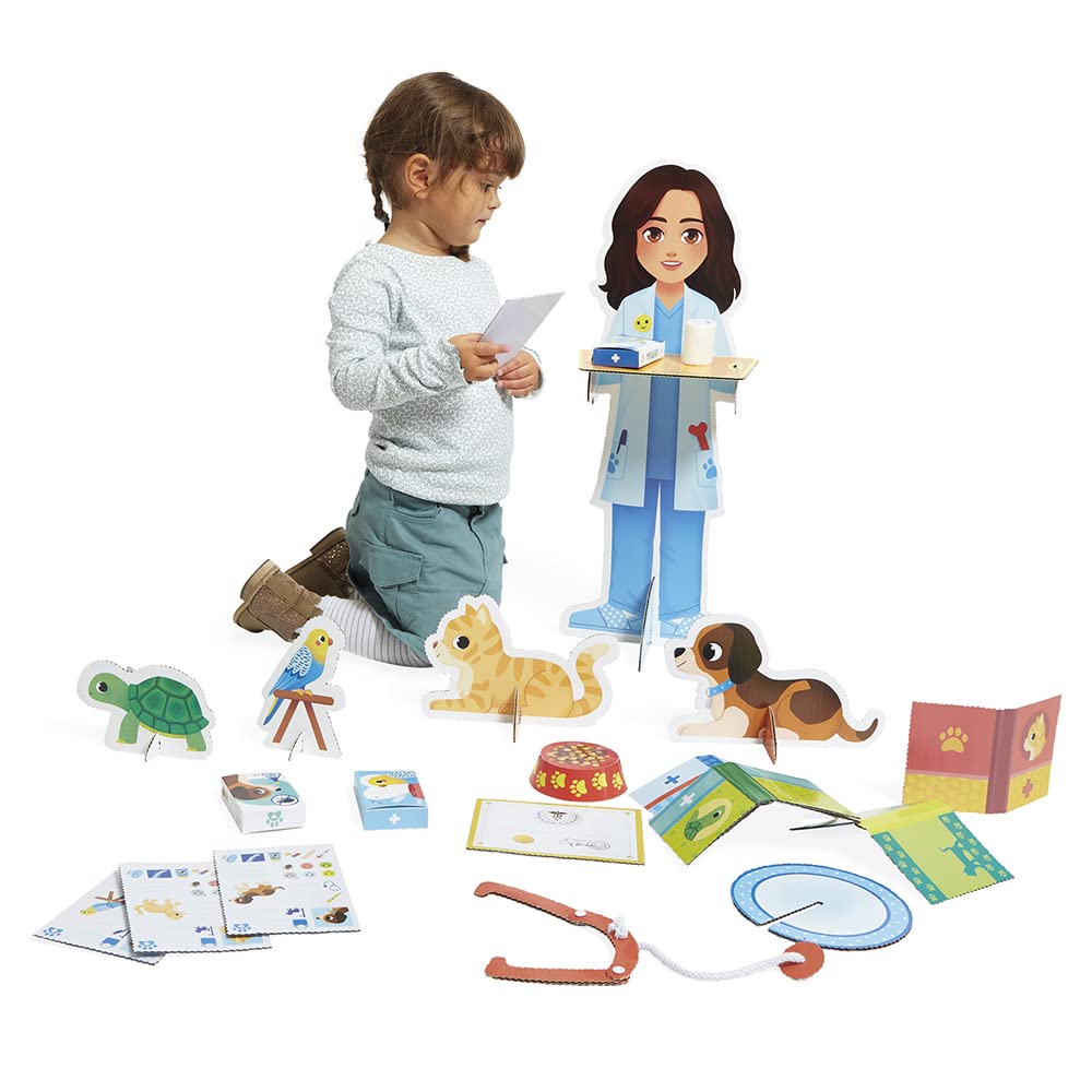 Janod - Un Jour… Le Vétérinaire - Jouet d'Imitation Métier - 40 Accessoires - Grands Personnages 65 cm - Développe l'imagination - Certifié FSC - Dès 3 Ans - J06622
