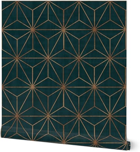 Spoonflower Papel tapiz autoadhesivo de 12 x 2 pies - Star Geo Deep Teal Copper Geométrico Holiday Triangles Custom Extraíble Papel tapiz