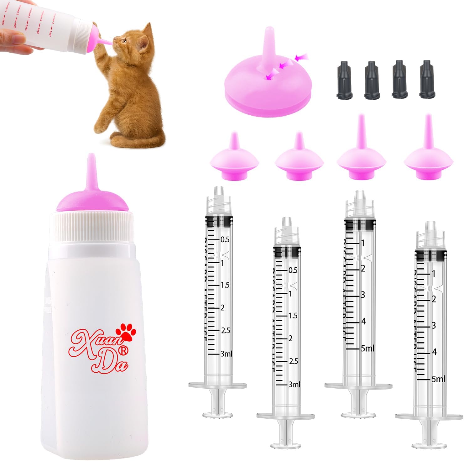 Kitten Bottle Feeding kit with Feeding Nipple and Syringe, Soft Silicone Nursing Pet Feeding Bottle, Ventilation Valve Resistant Tearing for Small Puppies, Kittens, Rabbit (M Nipple-Pink)