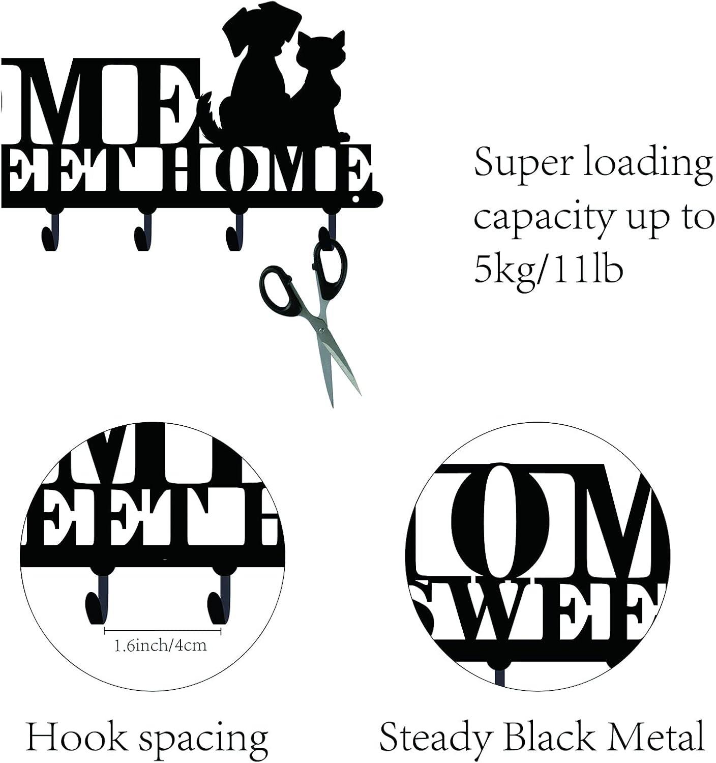 CREATCABIN Hook Hanger Wall Key Holder Metal Decorative Mounted Coat Hanger with Word Sweet Home and Dogs Feature Design Organizer Rack with 6 Hooks for Wall Bathroom - Image 4