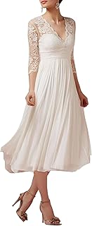 Lace Appliques Wedding Dresses for Bride Chiffon Boho Mother of The Bride Dresses Tea Length with Sleeves - Buy now
