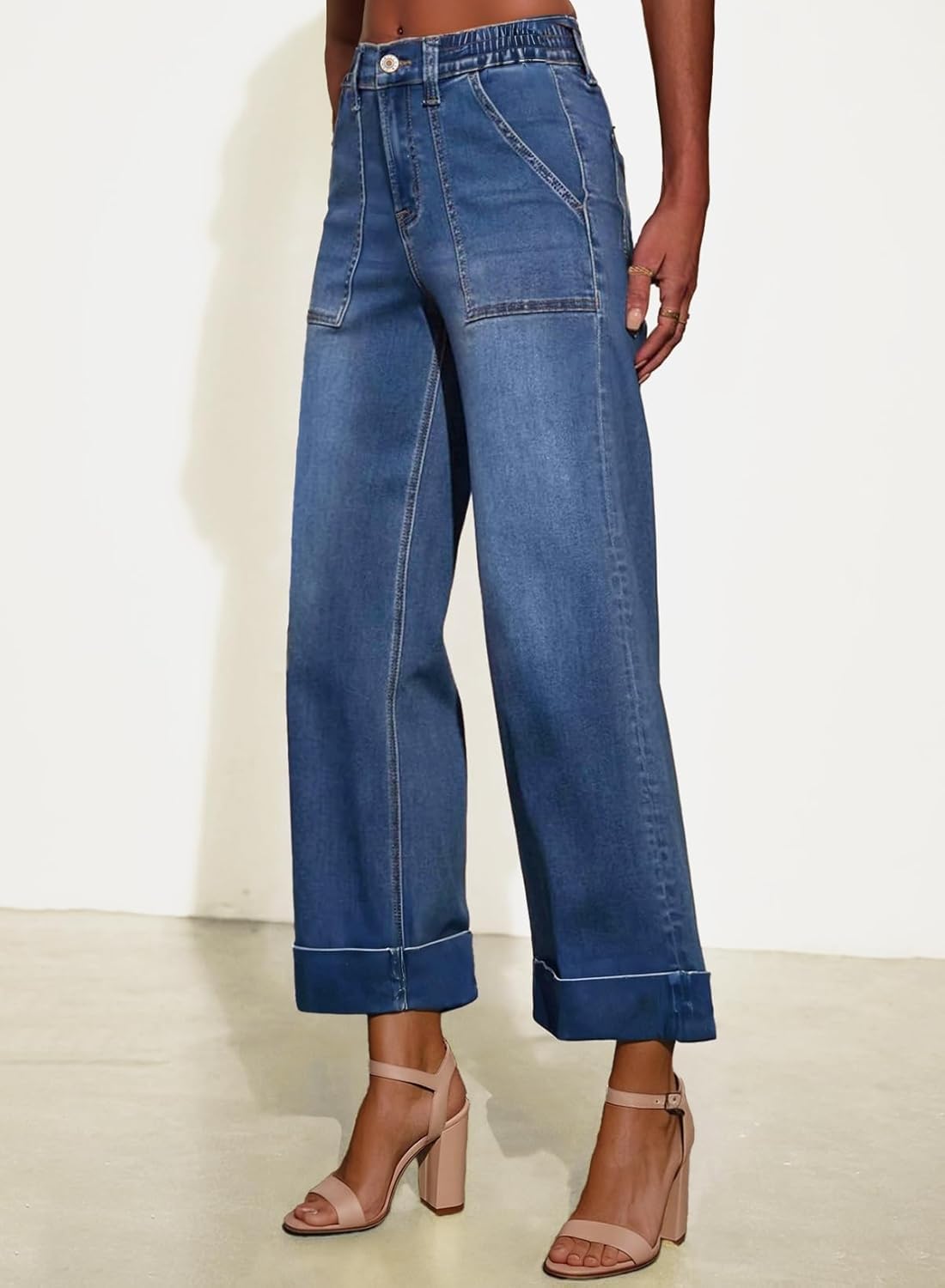 EVALESS Womens High Waist Wide Leg Jeans Trendy Cropped Denim Pants Solid Ankle Length Stretchy Jeans with Pockets - Image 3