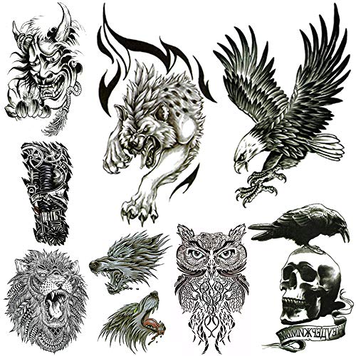 Large Temporary Tattoos For Men Body Stickers Fake Arm Chest Shoulder Leg Tattoo Cool Lion Eagle Owl Wolf Skull Waterproof Temp Tattoo Fashion Removable Tattoo Transfer Paper (8 Sheets). #TOP8