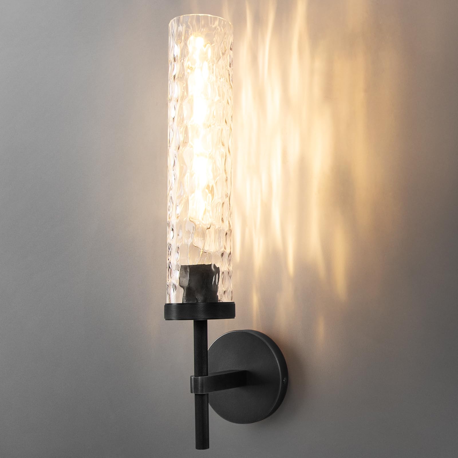 Black Wall Sconces, 19.5'' Knurled Bathroom Sconces Wall Lighting with Water Ripples Lampshade, Dimmable Indoor Vanity Wall Light Fixtures Decor for Living Room Hallway Bedroom Stairs