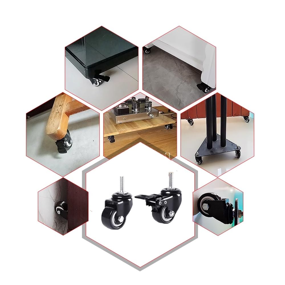 Pesanti PU Ruote in Gomma 4 Pezzi, 4 Pollice Ruote Pivottanti con Freni, M12 Stelo Filettato Ruote per Carrelli, Scaffali(with Brake)