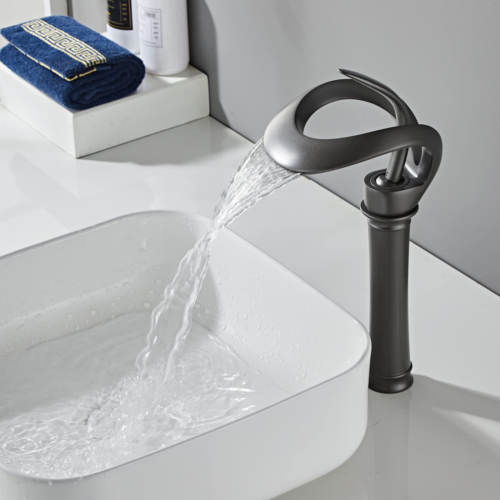 Wascharmatur Bad Mischbatterie Waschbecken Einhebel Waschtischarmatur Wasserfall,Grau,hoch