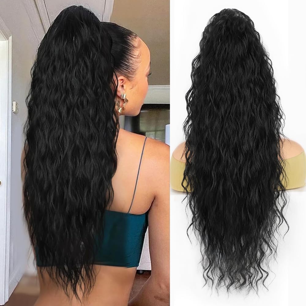 100% Human Hair Drawstring Ponytail Extension Curly Wave in Natural Color 1B Corn Wave Ponytail Clip in Extensions for Black Women 24 Inch