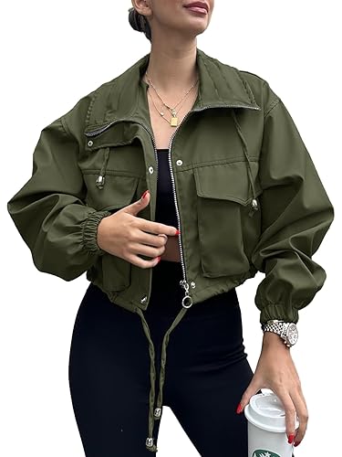 Tankaneo Womens Cropped Jacket Zip Up Lightweight Oversized Utility Anorak Coat with Pockets - X-Large - Army Green