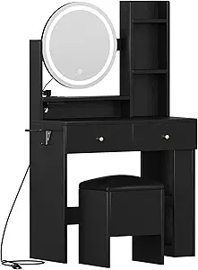 DWVO Vanity Desk with Mirror and Lights, Makeup Vanity Table Set with Power Outlets and Chair, 3 Lighting Colors, Makeup Desk with 3 Drawer and Lots Storage Shelves, Bedroom, Dark Black Dressing Table
