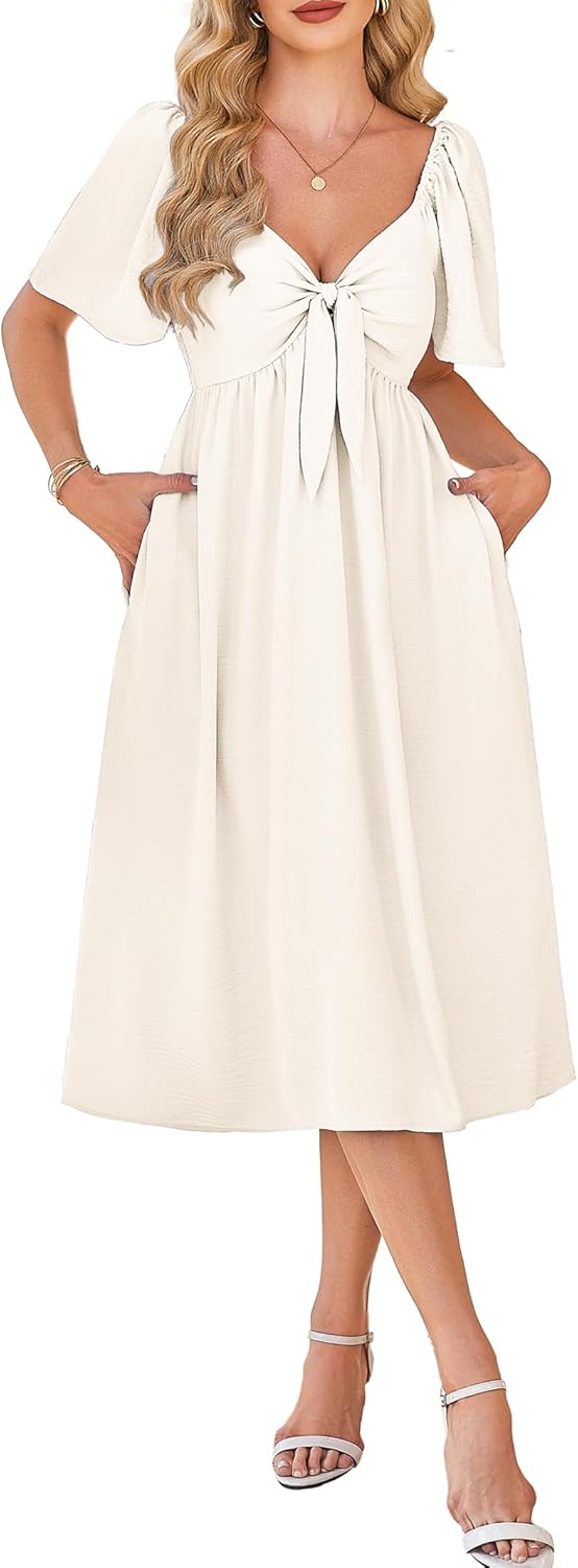 Kikibell Beige Dress for Women Short Sleeve Bow Tie V Neck Smocked High Waist Semi Formal Dresses for Women with Pockets