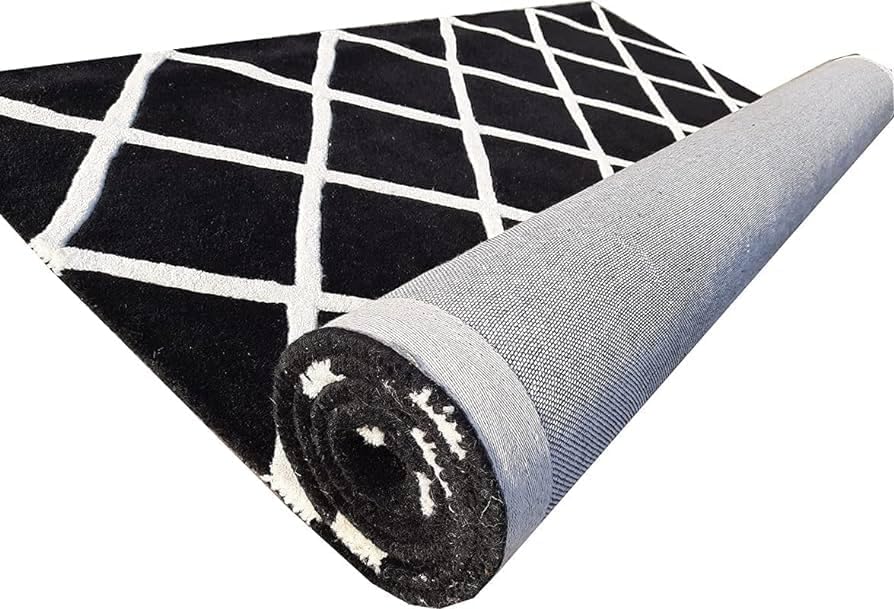 Image of AROMICK Modern Polyester Anti Slip Shaggy Fluffy Rug and Carpet for Living Room, Bedroom & Dining Room (4 x 6 Feet, Black Ivory Box)