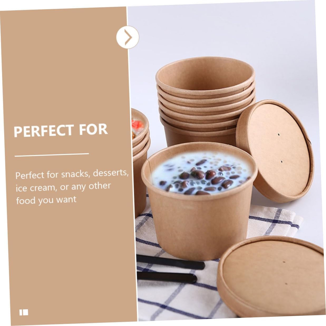 INOOMP 50pcs 8oz Thickened Kraft Paper Ice Cream Cups with Lids, Disposable round Dessert Bowls for Cold Soup, Ice Cream Packing, Takeout Food Service