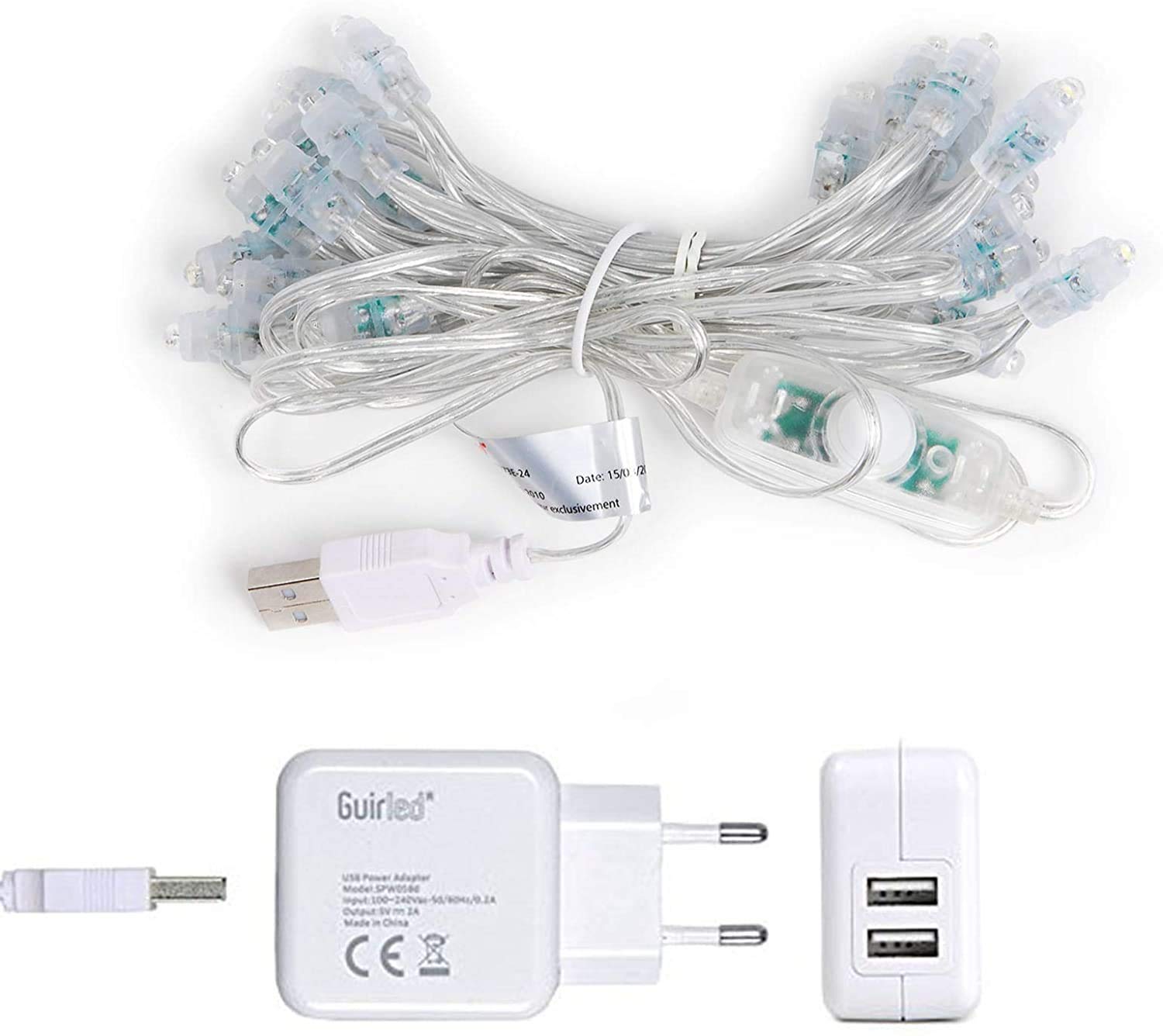 GuirLED - Guirlanda luminoso a LED per batuffoli di cotone USB - Luce notturna per bambini 2h - Alimentatore doppio USB 2A incluso - 3 intensità - 24 sfere 2,4m - Principessa