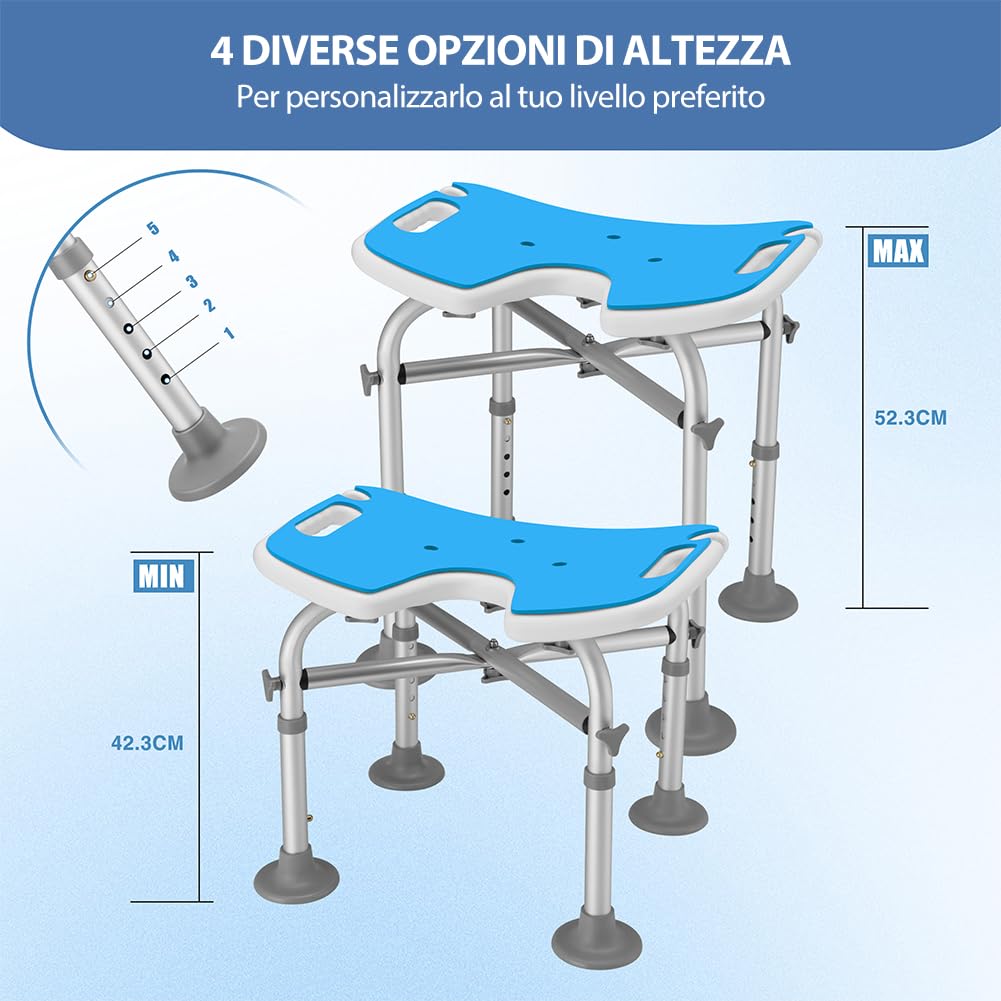 BAKAJI Sgabello da Doccia per Anziani, Disabili e Persone con Mobilità Ridotta, Sedile Ergonomico e Struttura in Alluminio Peso Max. 130kg, Sedia da Basca con Fori di Drenaggio e Altezza Regolabile