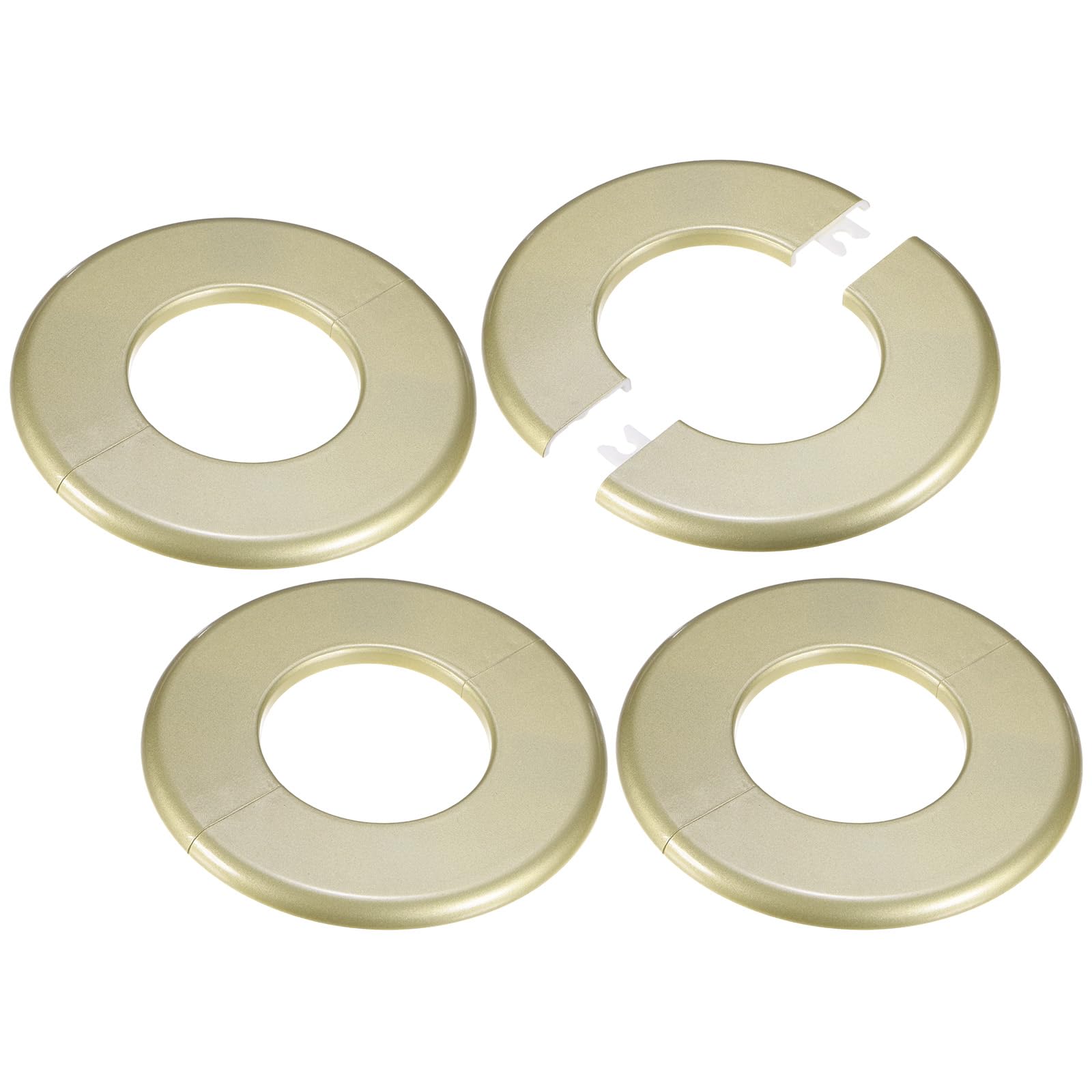 M METERXITY 4-Pack Wall Split Flange, 64mm[2.52"] ID ABS Round Self-Adhesive Escutcheon Plate Cover Buckle for Pipe Accessories/Floor/Ceiling, Plumbing Cover Plates [Gold, 130mm 5.12" OD]