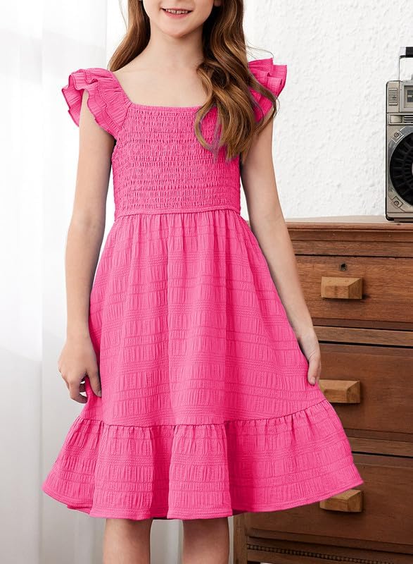 Girls Summer Dresses Cute Double Layer Ruffle Sleeve Smocked Flowy Dress 6-15 Years - Image 2