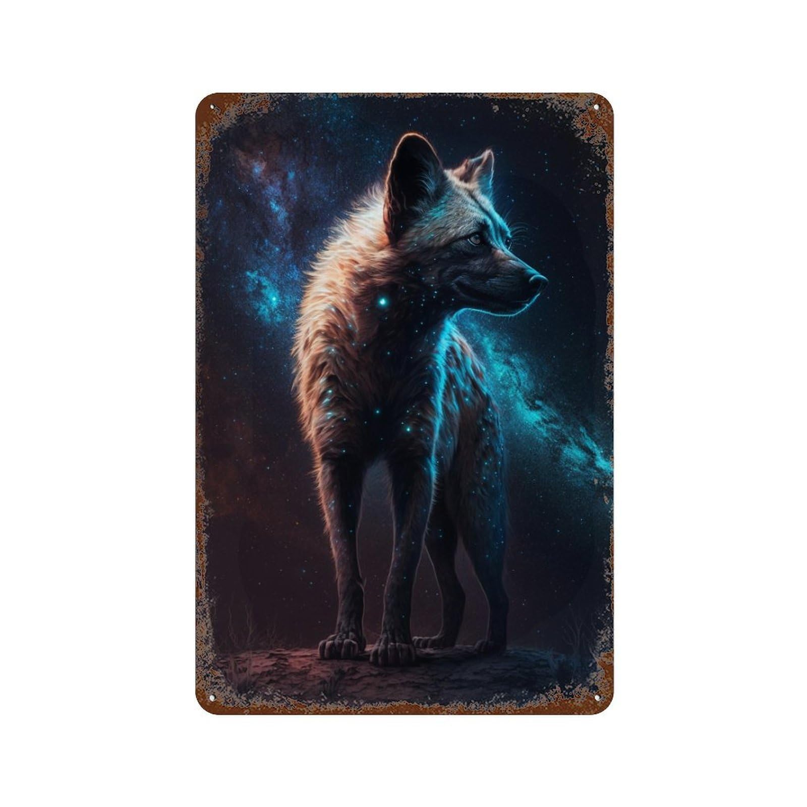 Retro Metal Sign with Galactic Wolf Majesty Design 11.8"x7.9", for Shed, Workshop And Garage Wall Decor, Old School Wall Decor