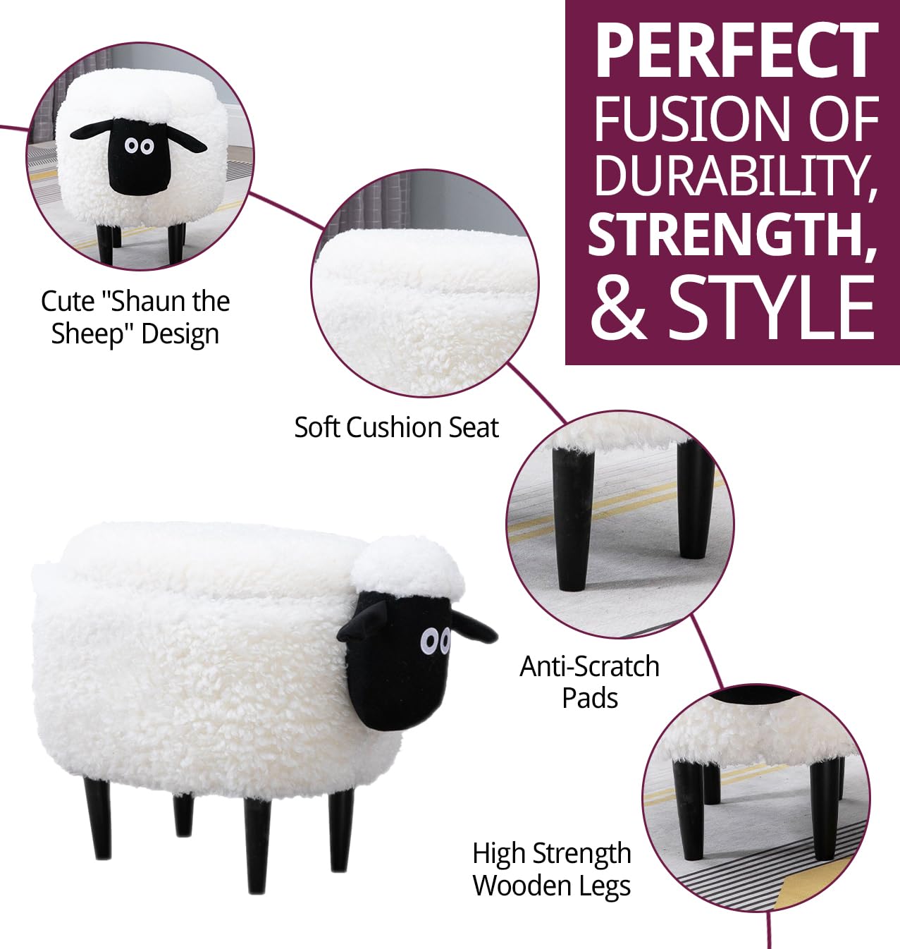 Hallowood ANI-SHE2 Taburete ovejas Animales para niños con Tapa, baúl de Almacenamiento de Juguetes/otomana/Asiento, Madera, Espuma, Lino, Blanco