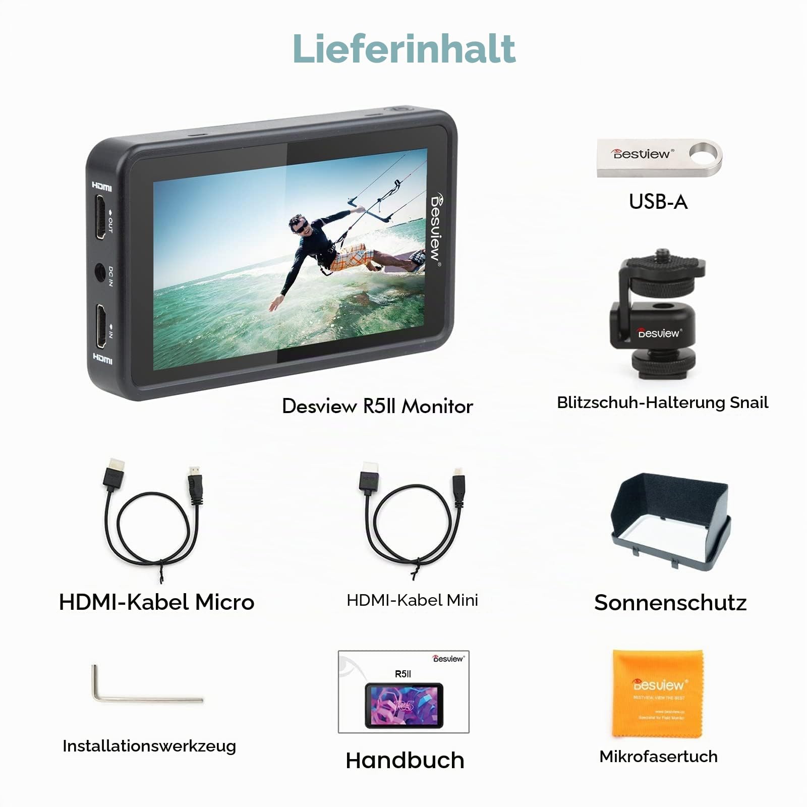 Desview R5II Kamera Field Monitor Touchscreen 5,5 Zoll, Camera Monitor 4K HDMI mit Sonnenschutzhaube, Full HD 1920x1080 IPS 3D LUT Video Peaking Focus Assist für DSLR